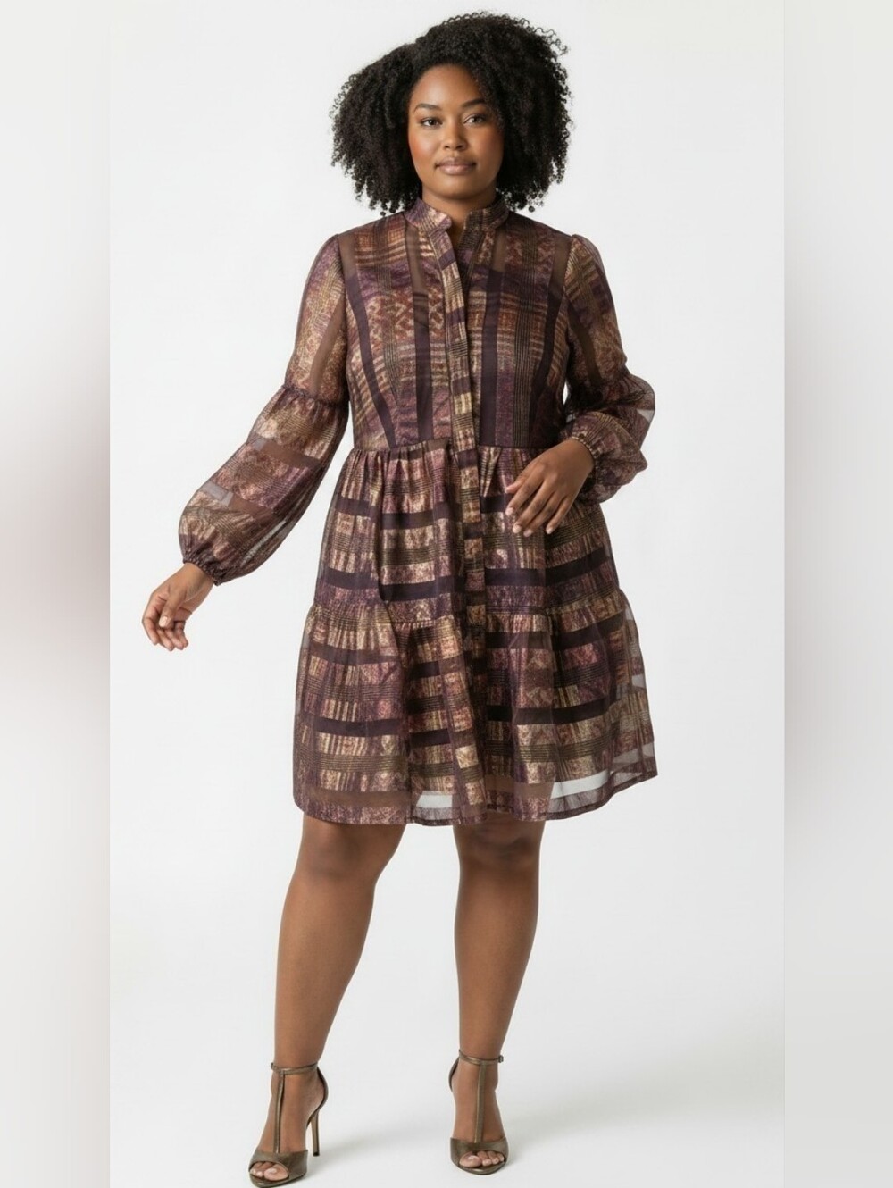 Women's Brown Multi-Stripe Button-Up Dress - Size 12
